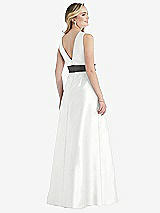 Rear View Thumbnail - White & Caviar Gray High-Neck Asymmetrical Shirred Satin Maxi Dress with Pockets