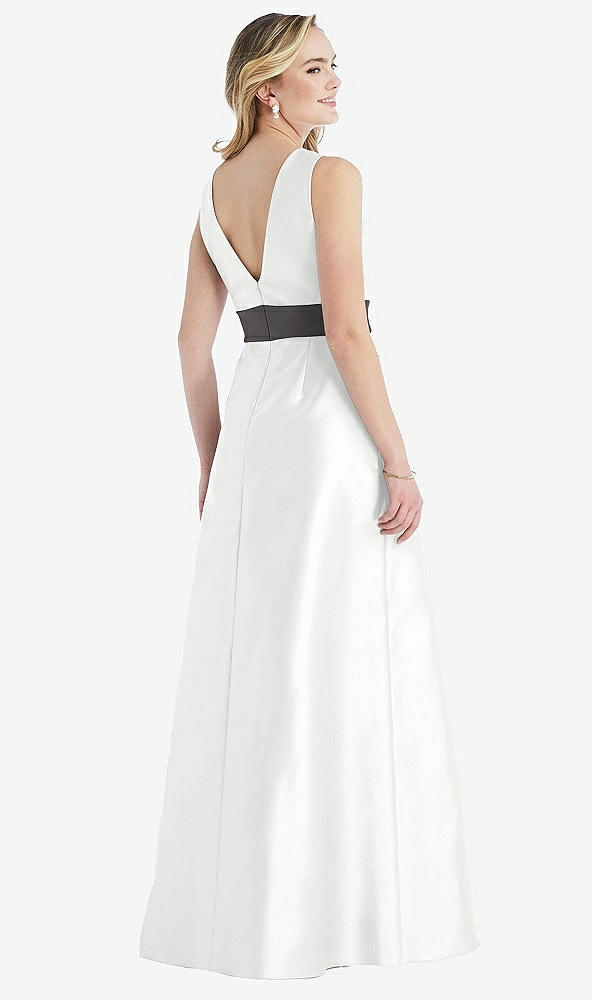Back View - White & Caviar Gray High-Neck Asymmetrical Shirred Satin Maxi Dress with Pockets