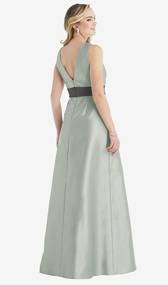 Back View - Willow Green & Caviar Gray High-Neck Asymmetrical Shirred Satin Maxi Dress with Pockets