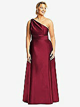 Front View Thumbnail - Burgundy & Burgundy Draped One-Shoulder Satin Maxi Dress with Pockets