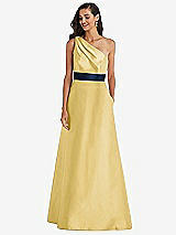 Alt View 1 Thumbnail - Maize & Midnight Navy Draped One-Shoulder Satin Maxi Dress with Pockets