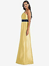 Alt View 2 Thumbnail - Maize & Midnight Navy Draped One-Shoulder Satin Maxi Dress with Pockets