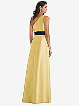 Alt View 3 Thumbnail - Maize & Midnight Navy Draped One-Shoulder Satin Maxi Dress with Pockets