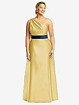 Front View Thumbnail - Maize & Midnight Navy Draped One-Shoulder Satin Maxi Dress with Pockets