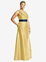 Side View Thumbnail - Maize & Midnight Navy Draped One-Shoulder Satin Maxi Dress with Pockets