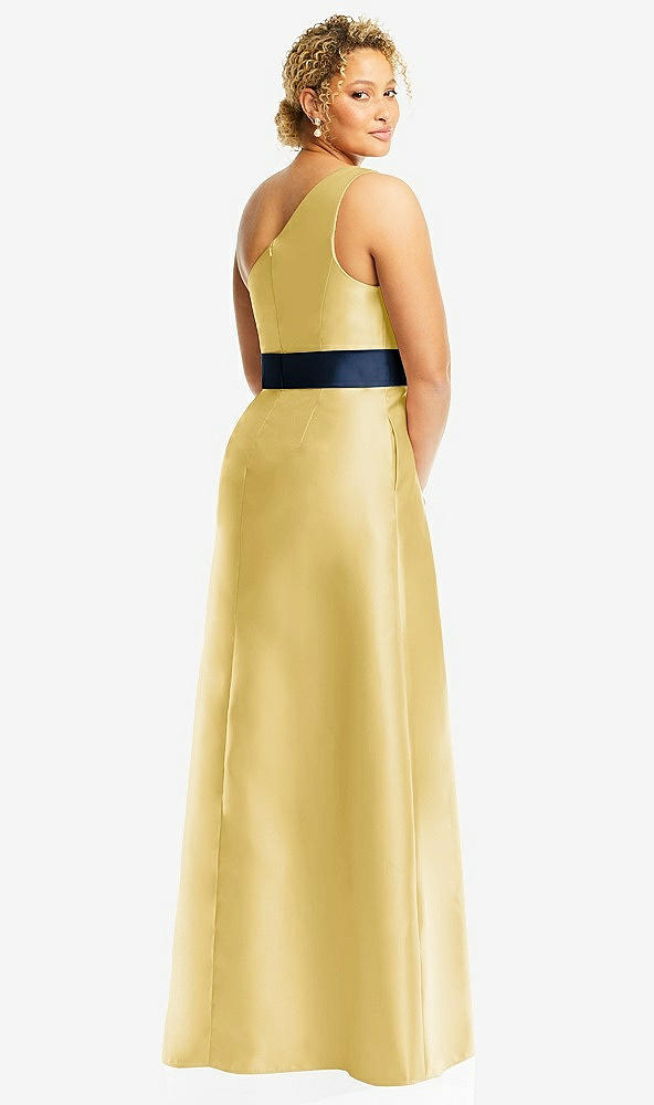 Back View - Maize & Midnight Navy Draped One-Shoulder Satin Maxi Dress with Pockets