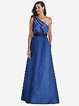 Alt View 1 Thumbnail - Classic Blue & Midnight Navy Draped One-Shoulder Satin Maxi Dress with Pockets