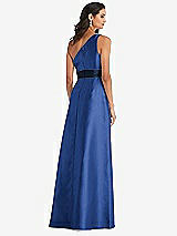 Alt View 3 Thumbnail - Classic Blue & Midnight Navy Draped One-Shoulder Satin Maxi Dress with Pockets