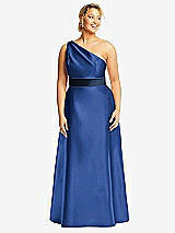 Front View Thumbnail - Classic Blue & Midnight Navy Draped One-Shoulder Satin Maxi Dress with Pockets
