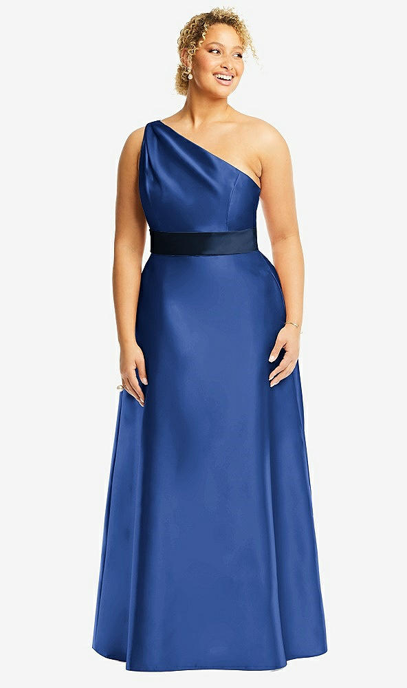 Front View - Classic Blue & Midnight Navy Draped One-Shoulder Satin Maxi Dress with Pockets