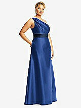 Side View Thumbnail - Classic Blue & Midnight Navy Draped One-Shoulder Satin Maxi Dress with Pockets