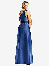 Rear View Thumbnail - Classic Blue & Midnight Navy Draped One-Shoulder Satin Maxi Dress with Pockets