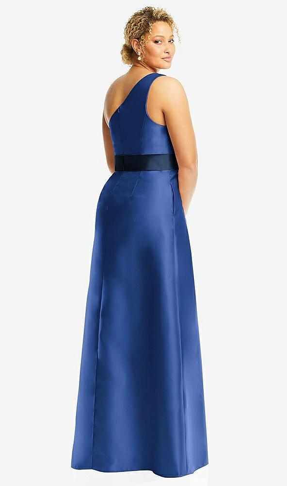 Back View - Classic Blue & Midnight Navy Draped One-Shoulder Satin Maxi Dress with Pockets