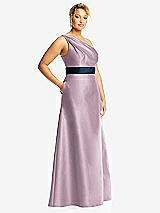 Side View Thumbnail - Suede Rose & Midnight Navy Draped One-Shoulder Satin Maxi Dress with Pockets