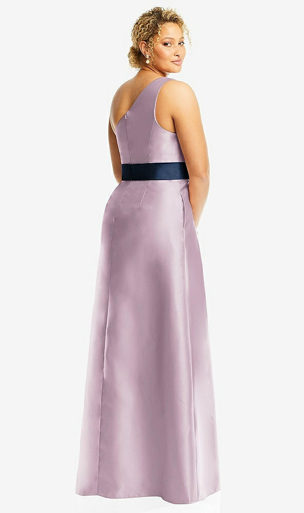 Back View - Suede Rose & Midnight Navy Draped One-Shoulder Satin Maxi Dress with Pockets