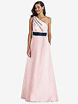 Alt View 1 Thumbnail - Ballet Pink & Midnight Navy Draped One-Shoulder Satin Maxi Dress with Pockets
