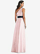 Alt View 3 Thumbnail - Ballet Pink & Midnight Navy Draped One-Shoulder Satin Maxi Dress with Pockets