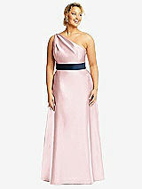 Front View Thumbnail - Ballet Pink & Midnight Navy Draped One-Shoulder Satin Maxi Dress with Pockets