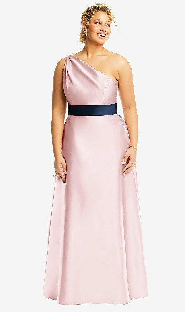 Front View - Ballet Pink & Midnight Navy Draped One-Shoulder Satin Maxi Dress with Pockets
