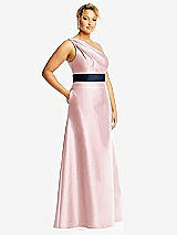 Side View Thumbnail - Ballet Pink & Midnight Navy Draped One-Shoulder Satin Maxi Dress with Pockets