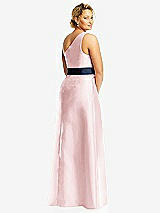 Rear View Thumbnail - Ballet Pink & Midnight Navy Draped One-Shoulder Satin Maxi Dress with Pockets