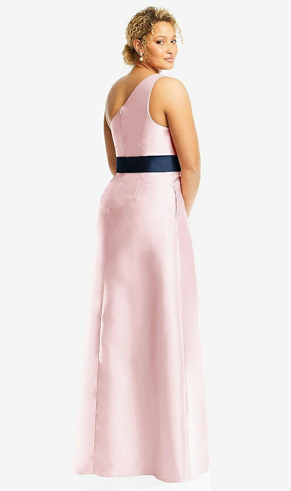 Back View - Ballet Pink & Midnight Navy Draped One-Shoulder Satin Maxi Dress with Pockets