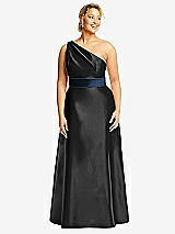 Front View Thumbnail - Black & Midnight Navy Draped One-Shoulder Satin Maxi Dress with Pockets