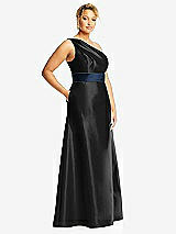 Side View Thumbnail - Black & Midnight Navy Draped One-Shoulder Satin Maxi Dress with Pockets