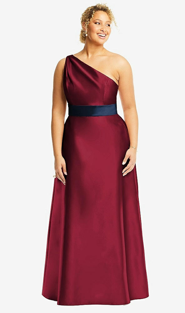 Front View - Burgundy & Midnight Navy Draped One-Shoulder Satin Maxi Dress with Pockets