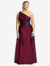 Front View Thumbnail - Cabernet & Midnight Navy Draped One-Shoulder Satin Maxi Dress with Pockets