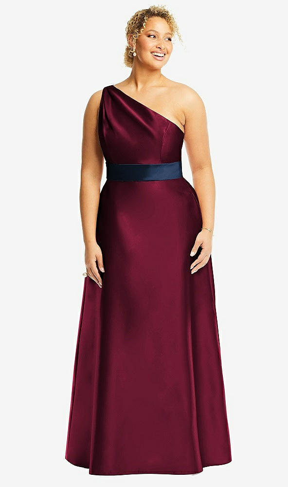 Front View - Cabernet & Midnight Navy Draped One-Shoulder Satin Maxi Dress with Pockets