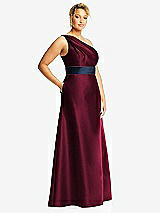 Side View Thumbnail - Cabernet & Midnight Navy Draped One-Shoulder Satin Maxi Dress with Pockets