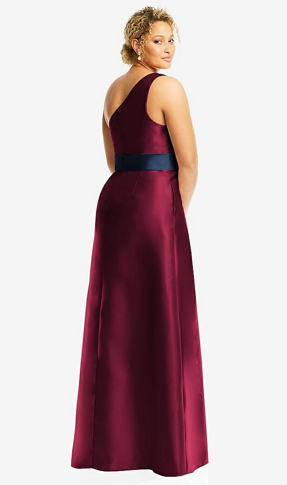 Back View - Cabernet & Midnight Navy Draped One-Shoulder Satin Maxi Dress with Pockets