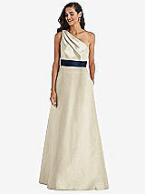 Alt View 1 Thumbnail - Champagne & Midnight Navy Draped One-Shoulder Satin Maxi Dress with Pockets
