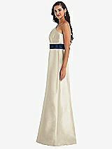 Alt View 2 Thumbnail - Champagne & Midnight Navy Draped One-Shoulder Satin Maxi Dress with Pockets