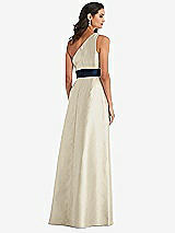 Alt View 3 Thumbnail - Champagne & Midnight Navy Draped One-Shoulder Satin Maxi Dress with Pockets