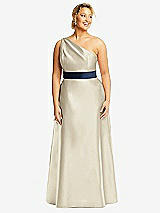 Front View Thumbnail - Champagne & Midnight Navy Draped One-Shoulder Satin Maxi Dress with Pockets