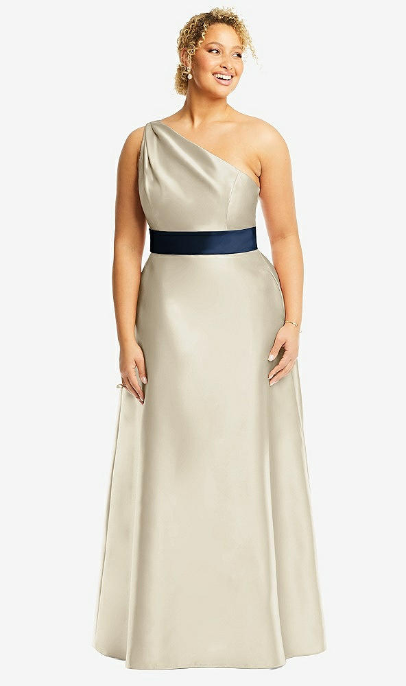 Front View - Champagne & Midnight Navy Draped One-Shoulder Satin Maxi Dress with Pockets