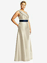 Side View Thumbnail - Champagne & Midnight Navy Draped One-Shoulder Satin Maxi Dress with Pockets