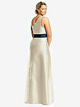 Rear View Thumbnail - Champagne & Midnight Navy Draped One-Shoulder Satin Maxi Dress with Pockets