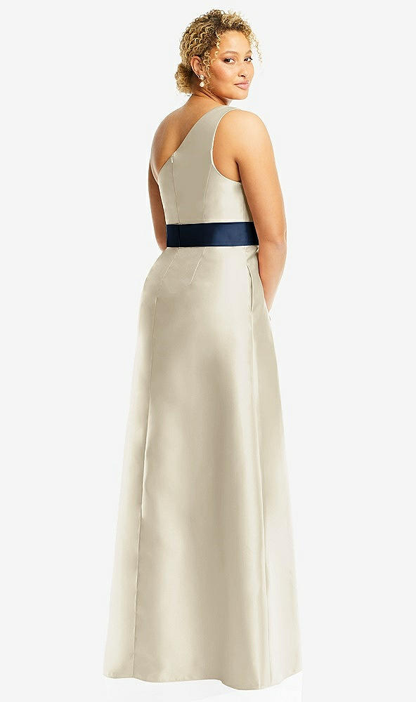 Back View - Champagne & Midnight Navy Draped One-Shoulder Satin Maxi Dress with Pockets