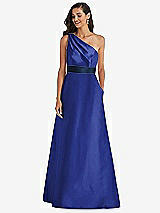 Alt View 1 Thumbnail - Cobalt Blue & Midnight Navy Draped One-Shoulder Satin Maxi Dress with Pockets