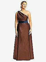 Front View Thumbnail - Cognac & Midnight Navy Draped One-Shoulder Satin Maxi Dress with Pockets