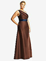 Side View Thumbnail - Cognac & Midnight Navy Draped One-Shoulder Satin Maxi Dress with Pockets
