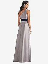 Alt View 3 Thumbnail - Cashmere Gray & Midnight Navy Draped One-Shoulder Satin Maxi Dress with Pockets
