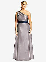 Front View Thumbnail - Cashmere Gray & Midnight Navy Draped One-Shoulder Satin Maxi Dress with Pockets