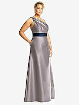 Side View Thumbnail - Cashmere Gray & Midnight Navy Draped One-Shoulder Satin Maxi Dress with Pockets