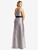 Rear View Thumbnail - Cashmere Gray & Midnight Navy Draped One-Shoulder Satin Maxi Dress with Pockets