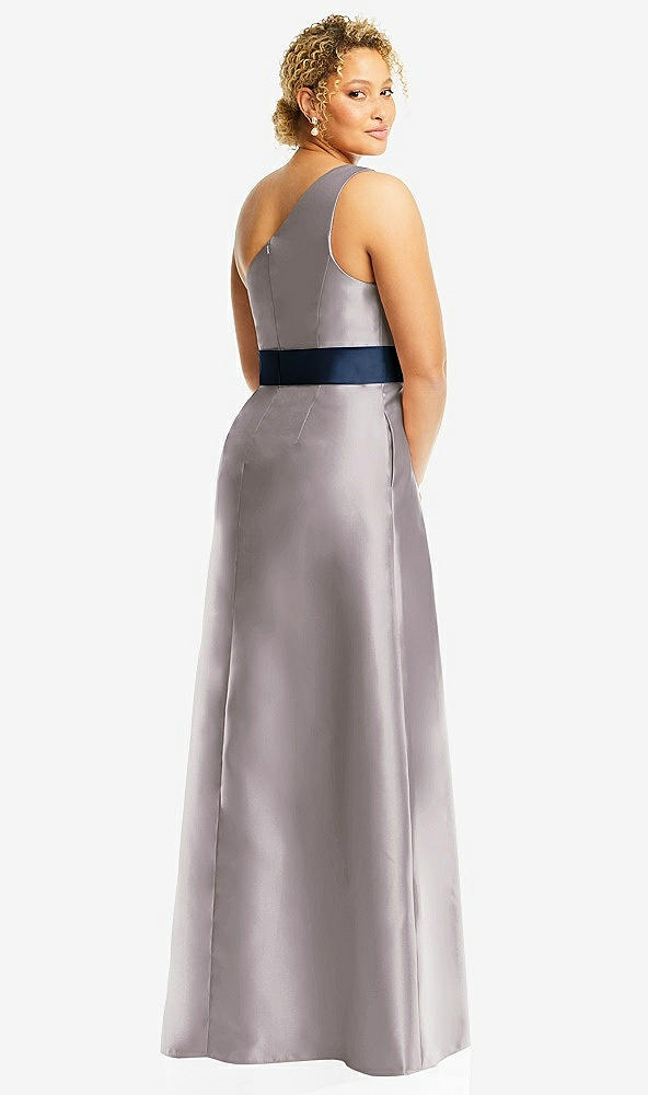 Back View - Cashmere Gray & Midnight Navy Draped One-Shoulder Satin Maxi Dress with Pockets
