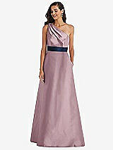 Alt View 1 Thumbnail - Dusty Rose & Midnight Navy Draped One-Shoulder Satin Maxi Dress with Pockets
